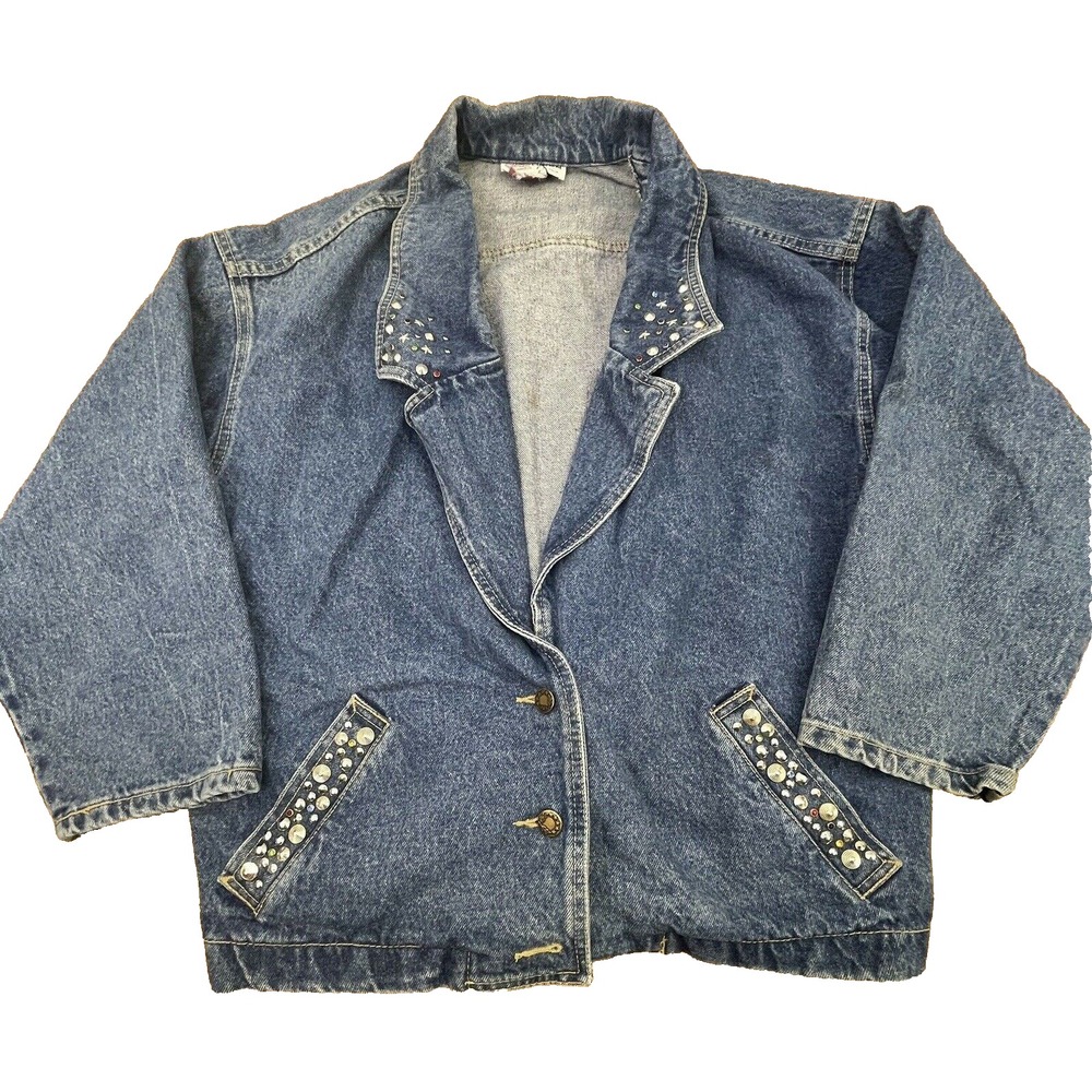 80s YES Womens Medium Embellished Sequins Beaded Denim‎ Jean Jacket USA-Made